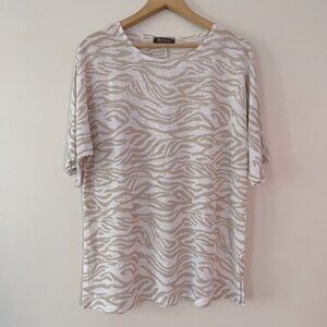 New Mr Max White & Tan Semi Sheer Textured Animal Print Top Size Large bin 3L